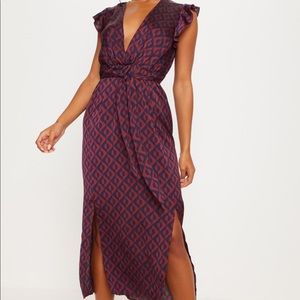 PLT Navy Geo Print Satin Frill Shoulder Split Midi Dress